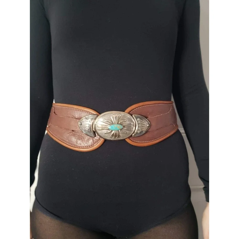 Vintage‎ Dee Morris Silver and Turquoise Leather Belt